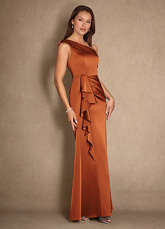 Azazie Hamptons Vestidos para mãe da noiva Vestir Canela de Cetim elástico de Linha A com Plissado image3
