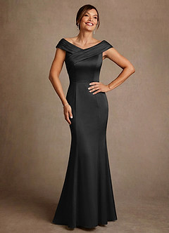 Azazie Aberdeen Mother of the Bride Dresses Black Sheath Pleated Stretch Satin Dress image1