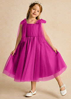 Azazie Dori Robe Demoiselle D'honneur Fillette Robe Trapèze en Tulle Rayé Fuchsia image4
