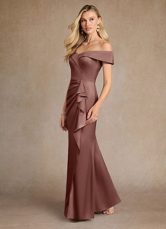 Azazie Laredo Mother of the Bride Dresses Espresso Mermaid Off the Shoulder Stretch Satin Dress image5