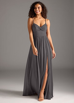 Azazie Zeya Final Sale Steel Grey A-Line Pleated Mesh Dress image4