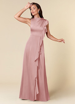 Azazie Narine Mother of the Bride Dresses Powder Pink A-Line High Neckline Pleated Stretch Satin Dress image1
