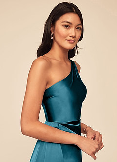 Azazie Maron Bridesmaid Dresses Ink Blue A-Line One Shoulder Stretch Satin Dress image5