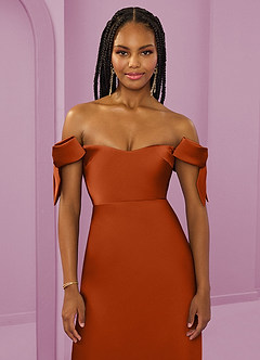 Barbie ♥ Azazie Bridesmaid Dresses Burnt Orange Sheath Off the Shoulder Stretch Satin Convertible Dress image11