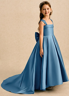 Azazie Genie Robe Demoiselle D'honneur Fillette Robe Princesse en Mat Satiné Épaules dénudées Acier Bleuté image1