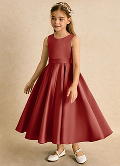 Azazie Junebuj Flower Girl Dresses Terracotta Ball-Gown Pleated Matte Satin Dress image3