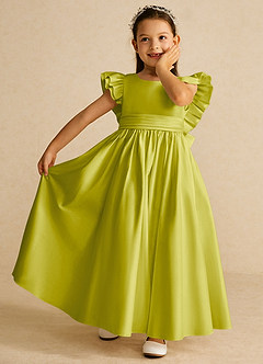 Azazie Piglette vestidos de niña de las flores Vestido de Hierba De Limón de Satin Mate de Corte en A con Lazo image6