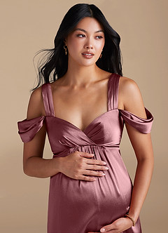 Azazie Rhea Maternity Bridesmaid Dresses A-Line Pleated Metallic Satin Floor-Length Dress image3