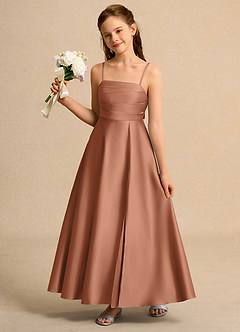 Azazie Pebbles Junior Formal Blumenmädchenkleider A-Linie Plissee Matte Satin Kleid Bronzer image2