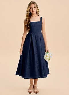 Azazie Amalie Junior Dark Navy A-Line Ruched Floral Burnout Dress image4