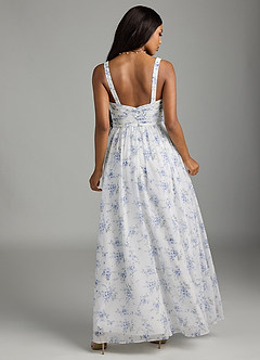 Azazie Chanel Jurken voor bruidsmeisjes Jurk van Chiffon met A-Lijn Geplooid Blauw Huisje Bloemen image7