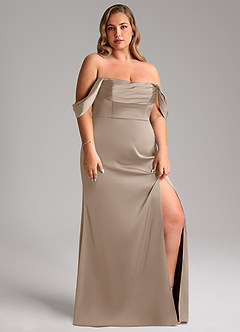 Azazie Saige Bridesmaid Dresses Taupe Sheath Off the Shoulder Stretch Satin Dress image14