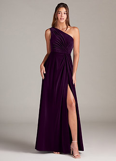 Azazie Brooke Bridesmaid Dresses Grape A-Line One Shoulder Velvet Dress image1