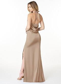 Azazie Myla Vestidos de damas de honor Vestido de Gris Pardo de Satén Elástico de Corte Recto con Ojo de cerradura de capucha image2