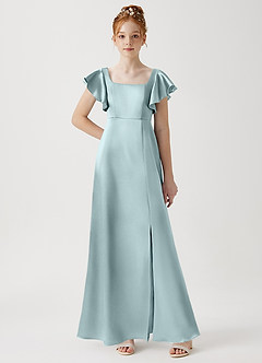 Azazie Bondi Junior Robe Trapèze en Satiné métallisé Fente Latérale Brume image1