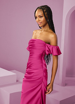 Barbie ♥ Azazie Bridesmaid Dresses Barbie Pink Sheath Off the Shoulder Stretch Satin Convertible Dress image6