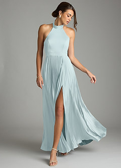 Azazie Zienna 신부 들러리 드레스 A라인 주름진 스트레치 새틴 바닥 길이 드레스 image3