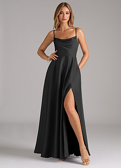 Azazie Elle Bridesmaid Dresses Black A-Line Pleated Stretch Satin Dress image3