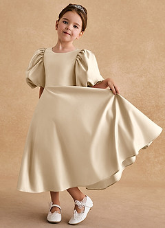 Azazie Sugarplum Flower Girl Dresses Champagne A-Line with Sleeves Matte Satin Dress image5
