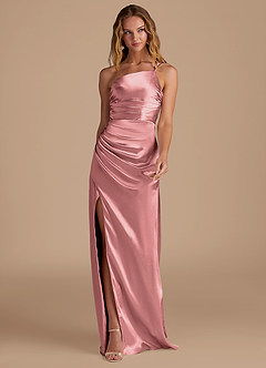 Azazie Eren Brautjungfernkleider Etui One-Shoulder Metallischer Satin Kleid Rosettenrosa image3