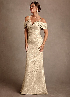 Azazie Bakersfield Mother of the Bride Dresses Champagne Mermaid Off the Shoulder Floral Jacquard Dress image4