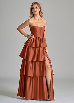 Azazie Faye Bridesmaid Dresses Cedar Rose A-Line Ruched Stretch Satin Dress image1