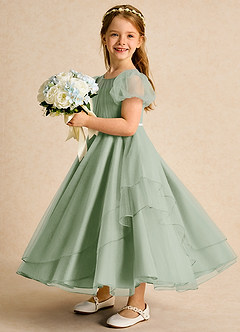 Azazie Duckie Abiti da Ragazza di Fiori Abito Principessa in Tulle Plissettato Verde Salvia image4