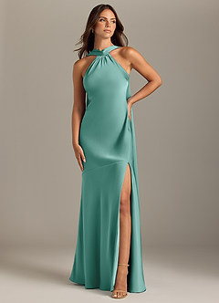 Azazie Kinsley Bridesmaid Dresses Aqua Mermaid Side Slit Stretch Satin Dress image1