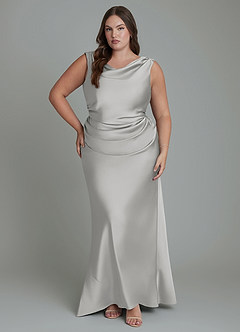 Azazie Kieryn Vestidos de madrinha de casamento Vestido Prata de Cetim elástico de sereia com Plissado image7
