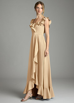 Azazie Lyra Bridesmaid Dresses Champagne A-Line Off the Shoulder Stretch Satin Convertible Dress image4