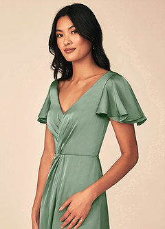 Azazie Soren Bridesmaid Dresses Matcha A-Line Pleated Stretch Satin Dress image7