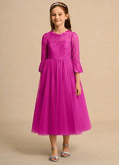 Azazie Lamb Girl Flower Girl Dresses Fuchsia Ball-Gown Lace Dress image4