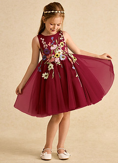 Azazie Prima Flower Girl Dresses Burgundy A-Line Bow Tulle Dress image3
