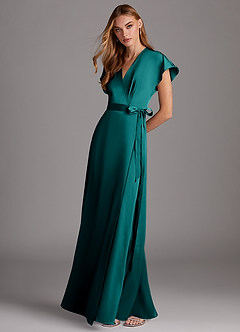 Azazie Nico Bridesmaid Dresses Peacock A-Line V-Neck Stretch Satin Dress image4