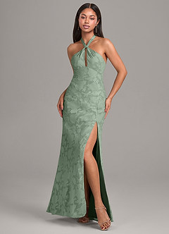 Azazie Ailany Robes de demoiselle d'honneur Robe Trapèze en Blumen-Burnout Plissée Matcha image1