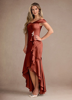 Azazie Billings Mother of the Bride Dresses Terracotta Mermaid Off the Shoulder Stretch Satin Dress image2