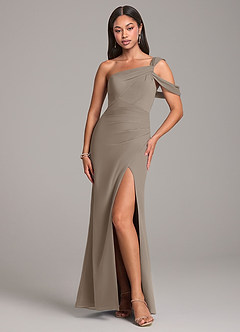 Azazie Wynter Bridesmaid Dresses Taupe Sheath Off the Shoulder Chiffon Dress image1