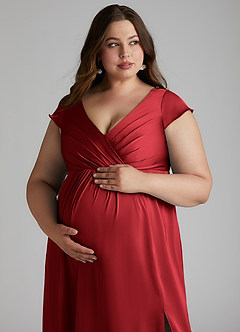 Azazie Allessia Maternity Bridesmaid Dresses A-Line Pleated Stretch Satin Floor-Length Dress image13
