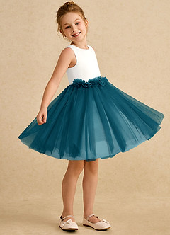 Azazie Louisa Abiti da Ragazza di Fiori Abito A-Line in Tulle Senza Maniche Avorio Blu Inchiostro image3