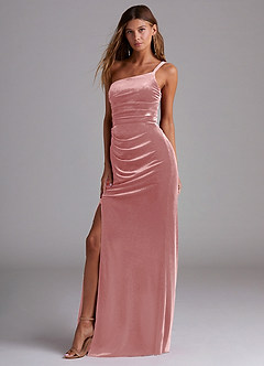 Azazie Eren Bridesmaid Dresses Dusty Rose Sheath One Shoulder Velvet Dress image1