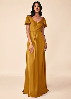 Azazie Soren Bridesmaid Dresses Butterscotch A-Line Pleated Stretch Satin Dress image1