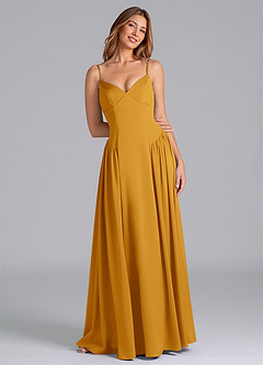 Azazie Kirby Robes de demoiselle d'honneur Robe Trapèze en Satin extensible Caramel écossais image1