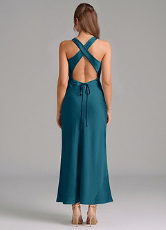 Azazie Evadne Vestidos de damas de honor Vestido de Azul Tinta de Satén Elástico de Corte Recto con Plisado image5