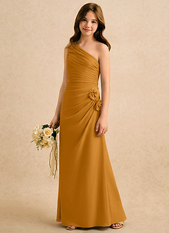 Azazie Sophie Girls Formal Robe Demoiselle D'honneur Fillette Robe Fourreau en Mousseline de soie Une épaule Caramel écossais image4
