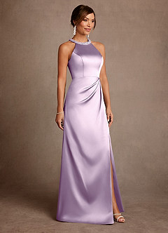 Azazie Lawrence Mother of the Bride Dresses Frosted Lilac A-Line Pleated Stretch Satin Dress image4