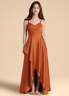 Azazie Prisha Junior Cinnamon A-Line Pleated Stretch Satin Dress image5