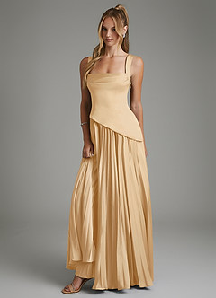 Azazie Stephanie Bridesmaid Dresses Gold A-Line Corset Stretch Satin Dress image1