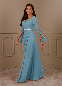Azazie Belinda Mother of the Bride Dresses Moody Blue A-Line V-Neck Pleated Chiffon Dress image3