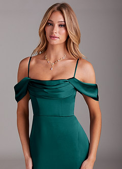 Azazie Saige Bridesmaid Dresses Peacock Mermaid Off the Shoulder Stretch Satin Dress image2