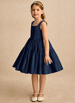 Azazie Myla Robe Demoiselle D'honneur Fillette Robe Trapèze en Mat Satiné Plissé Bleu Marine Foncé image5